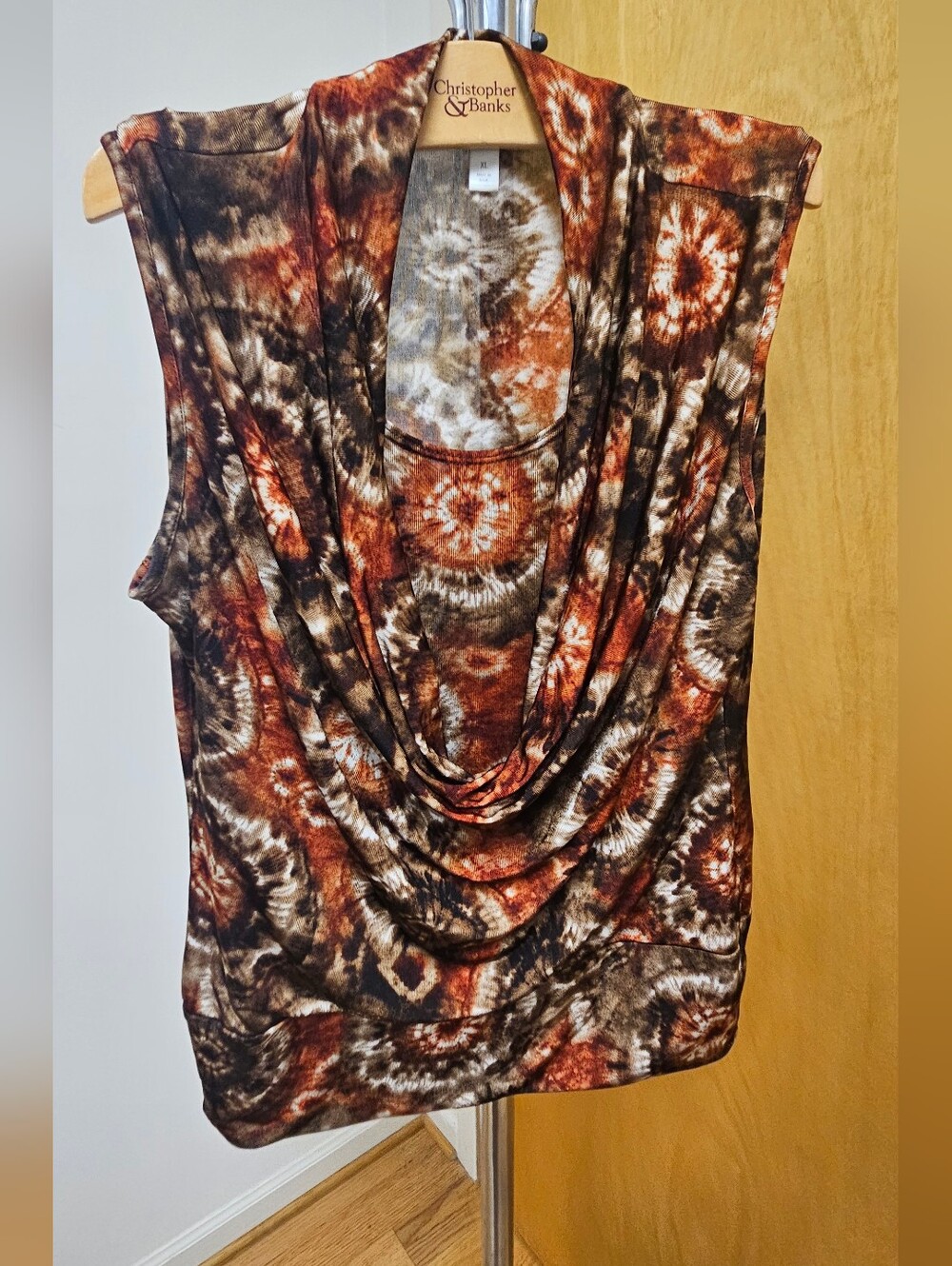 Dress Barn Rust and Brown Tie-Dye Cowl Neck Sleeveless Top